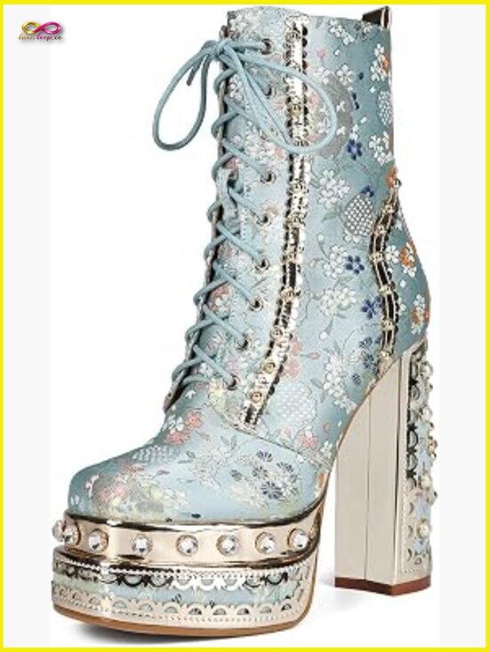 Shoes - Cowgirl Block Heel Ankle Platform Boots Embroidered Fabric Gemstones Dress